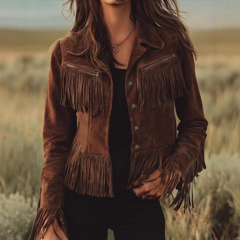 Womens Suede Short Cropped Jacket With Fringe Trim Turn-Down Collar Waist Belt Slim Fit Winter