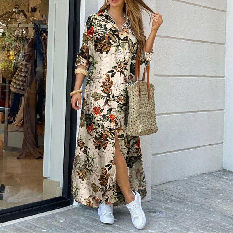 Women's Summer New Style Long-sleeved Casual Shirt Skirt Long Printed Split V-neck Large Size Loose Dress