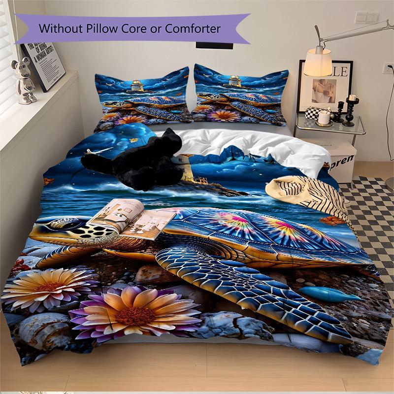 3pcs Lighthouse, Sea Turtle Duvet Cover Set - Machine Washable, Includes 1 Cover and 2 Pillowcases, No Core Included Yy251013005