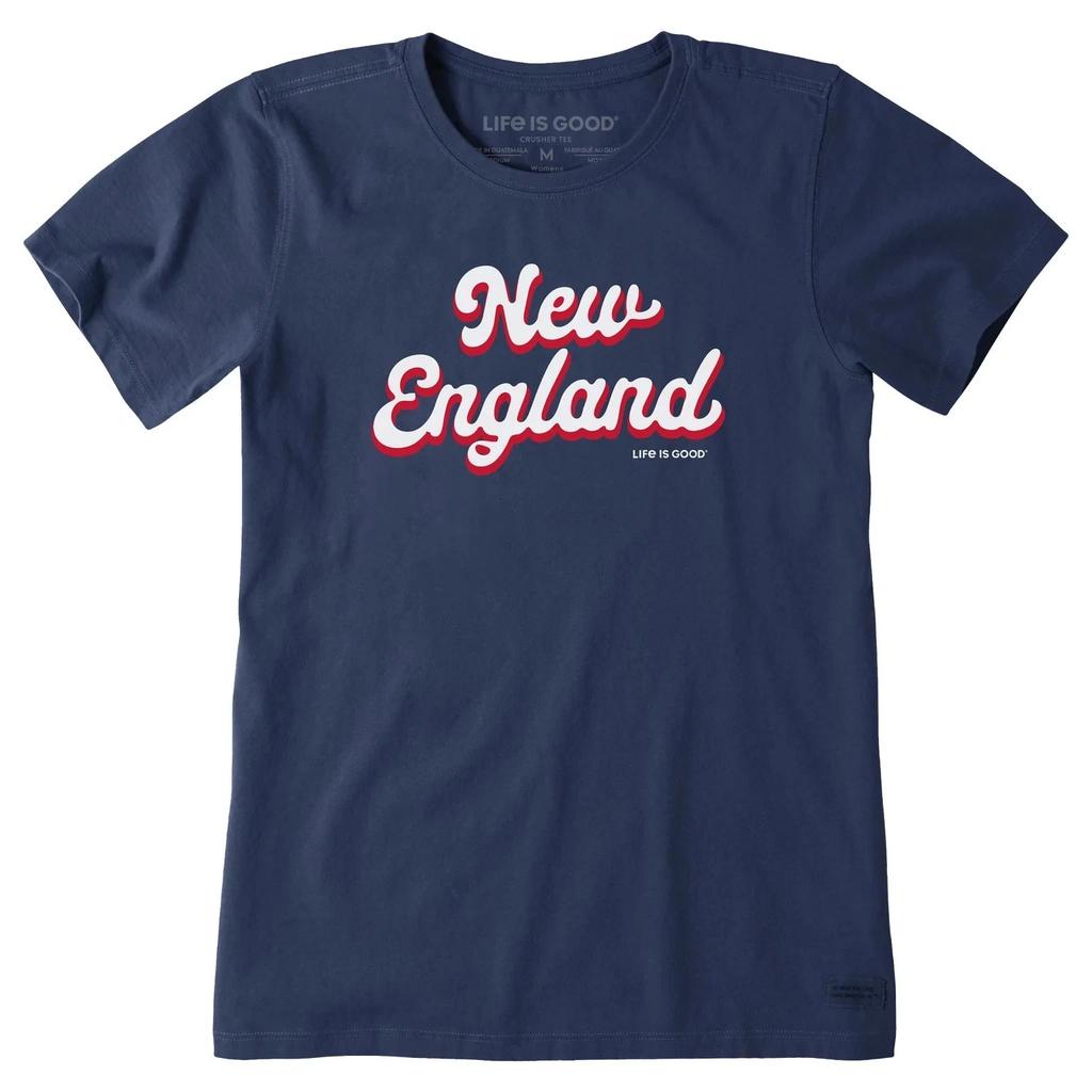 Life is Good Women's New England Script Short Sleeve Crusher Tee, Darkest Blue