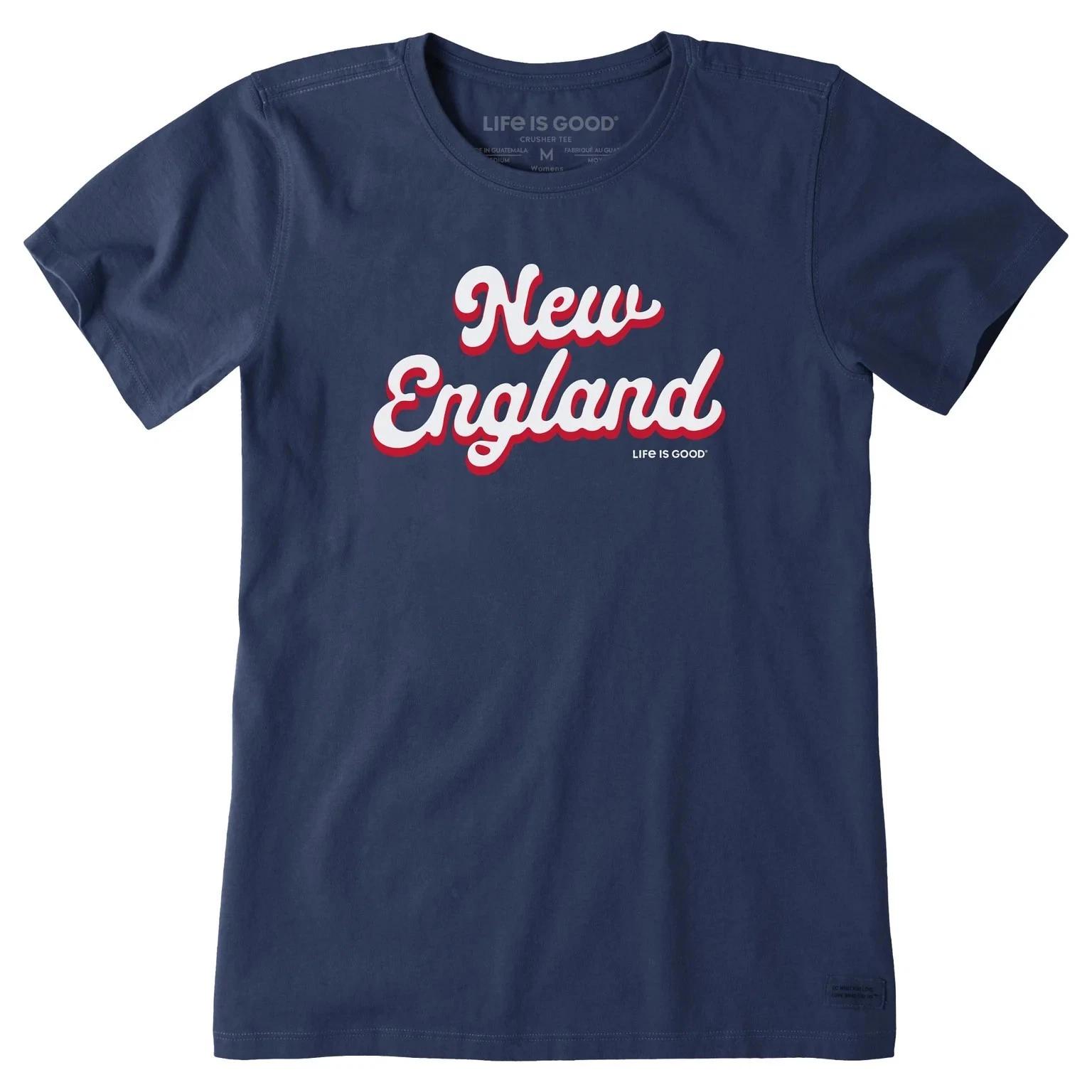 Life is Good Women s New England Script Short Sleeve Crusher Tee, Darkest Blue S