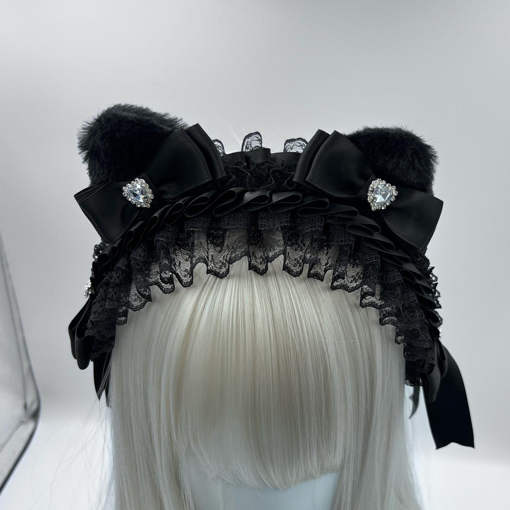 Lolita Headwear Cat Ear Love Rhinestone Headband Goth Punk Bow Headband Abi Cos Lace Hair Accessories