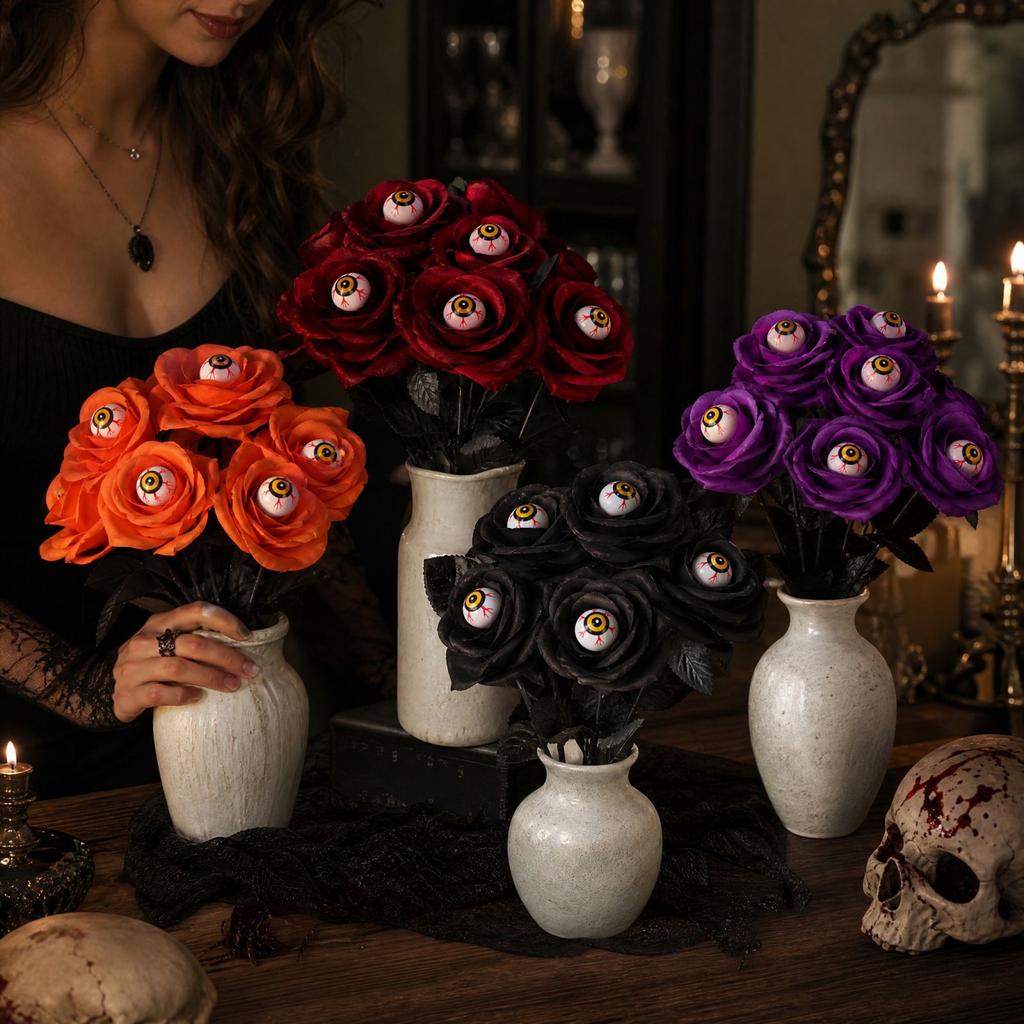 2 Halloween Eyeball Rose Bouquet for Party Table Vase Decoration