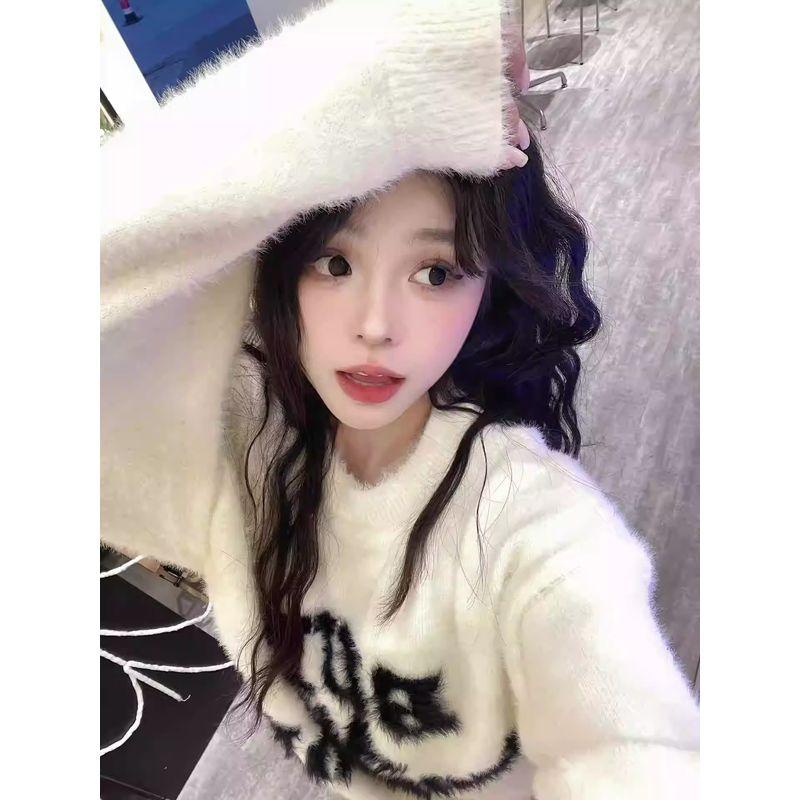 

American Letter Mink Sweater Female Autumn and Winter Thickening 2025 New Arrival Soft Glutinous Loose and Lazy Style Knitwear Tops White 2XL