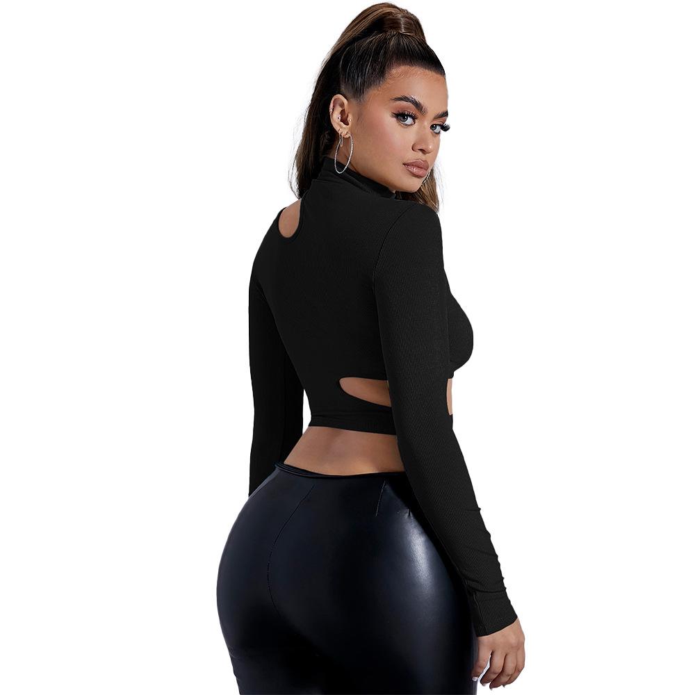 Women's 2024 Autumn/Winter Black Semi-High Neck Long-Sleeve Sexy T-Shirt