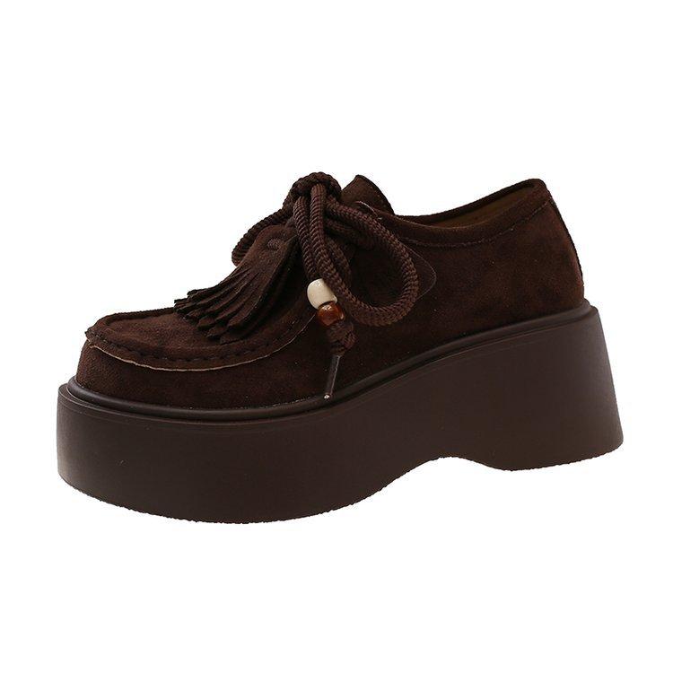 [Armano] Platform Women's All-inclusive Lace-up Heightening Kangaroo Shoes Summer and Autumn 2025 New Loafers Small Leather Shoes