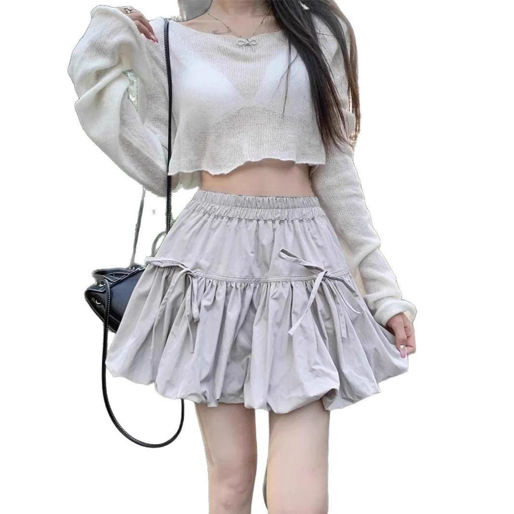 Women's Gray High-Waist Pleated Bow Skirt: Summer Slimming, Ant-Exposure Lantern Style