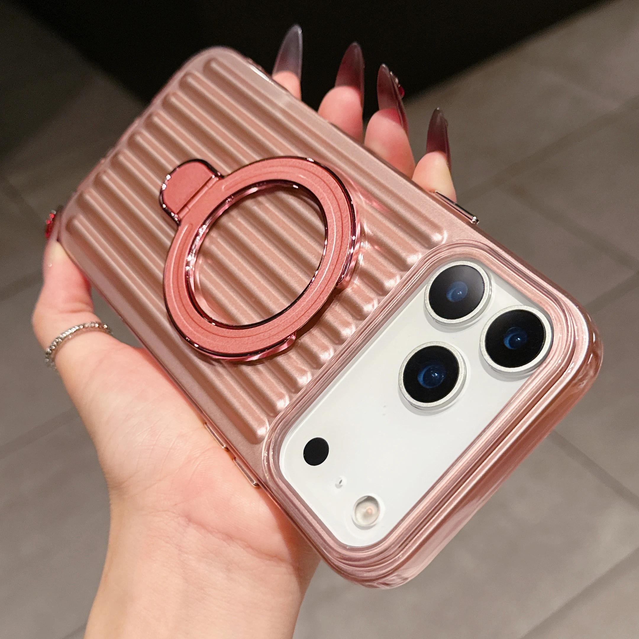 

Corrugated Stripe Luggage Magnetic For Magsafe Case For iPhone 17Air 16 15 14 Plus 13 12 11 17 Pro Max Shockproof Bracket Cover iPhone 13 Pro розовый