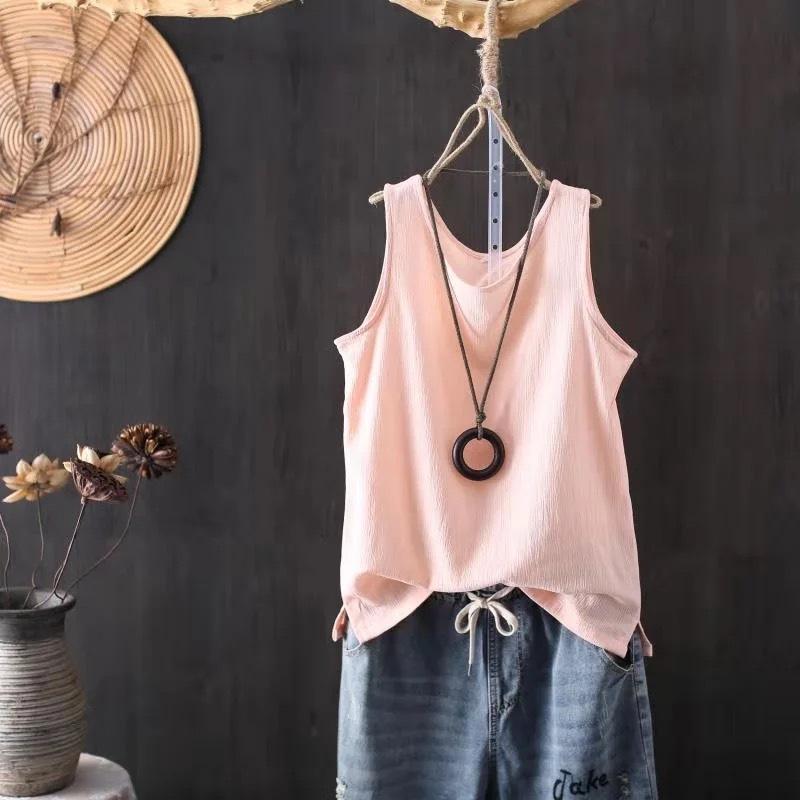 Spring/Summer Women's Knitted Tank Top Solid Color Artistic Retro Loose Cotton and Hemp Bottom Shirt Strap Top