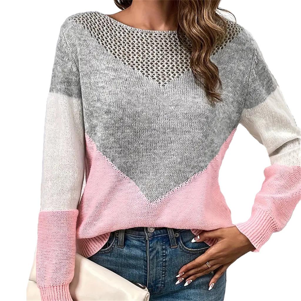Hollow Color Contrast Pullover Sweater Women Fashion Round Neck Autumn Winter Tops Casual Long Sleeve Sweaters Female Outfitwear