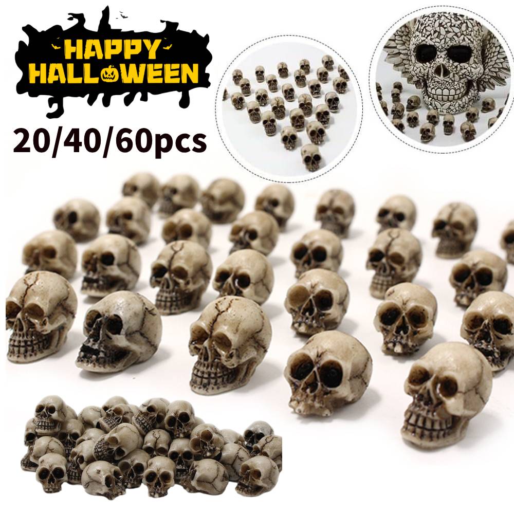 20Pcs Gothic Skull Head Sculptures Collectable Halloween Miniature Skulls Head Decorative Creative Landscape Garden Potted Decor