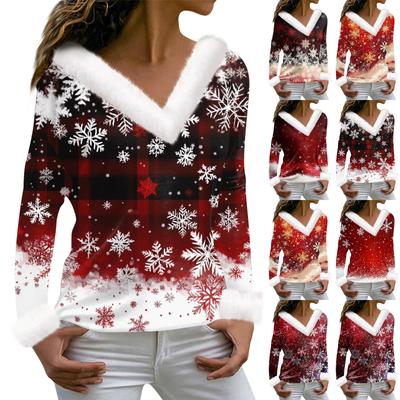 Women's Fashion Long Sleeve Christmas Printed Party Plush V-Neck Casual Top