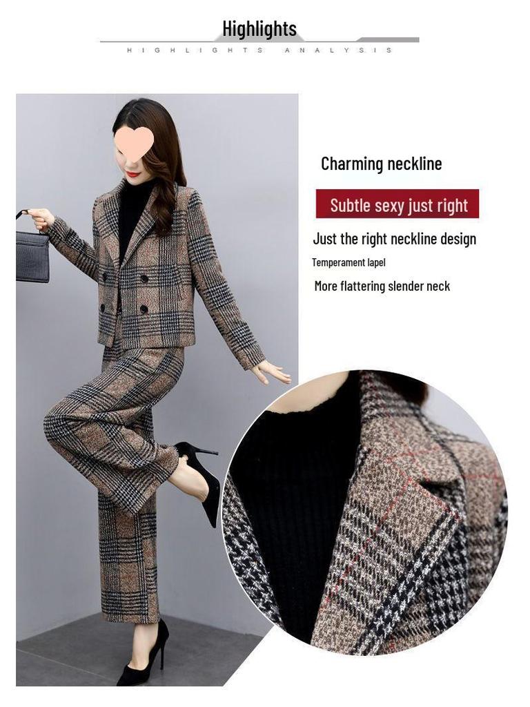 Women's Plus Size Wool Suit: Autumn/Winter 2025, Two-Piece Set with High-Waist Wide-Leg Pants