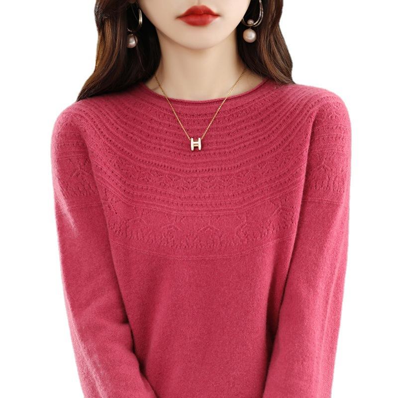 Crew Neck Curled Edge Spring and Autumn Wool Women's Seamless Inner Backing Knitted Sweater