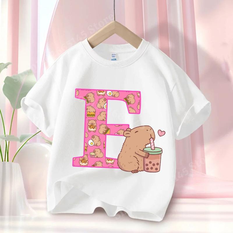 Cute Axolotl Loves Strawberry Milk Doodle printed kids T-shirt summer pure cotto