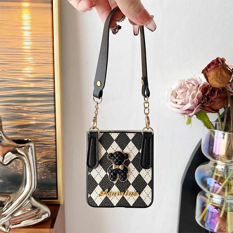 For Samsung Zflip6 Crossbody Rope Flip Phone Case P50 Folding Screen Xflip Bear Rhombus Letter Hard