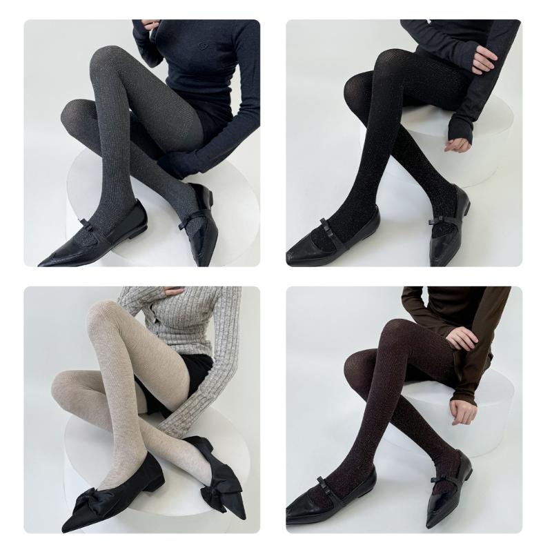 Women Winter Fall Elegant Ribbed Striped Opaque Tights Sparkly Glittering Solid Color Pantyhose Stockings Skinny Pants
