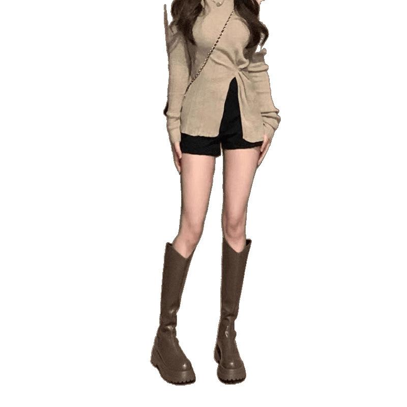 Spice Girl Ritterstiefel 2025 neue Stiefel Damen Herbst und Winter dicksohlige erhöhende Lederstiefel hochelastische dünne Stiefel