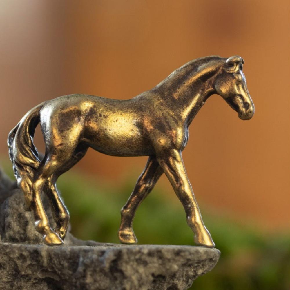 Antique Brass Solid Long Tail Horse Figurine Miniature Feng Shui Ornament Copper Zodiac Animal Mini Desktop Decoration Craft New