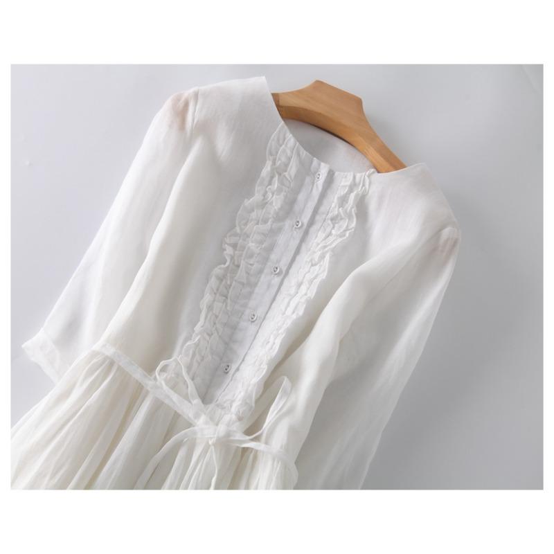 Summer Cotton and Linen Round Neck Lace Up Mid Length Dress