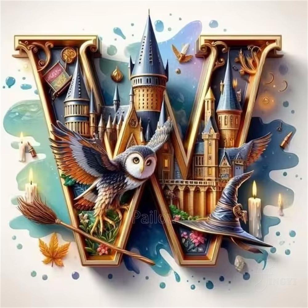 Harry Potter Fantasy Castle and Owl Letters Diamond Painting Cross Stitch Art Magical Alphabet Witch House Mosaic Home Decor