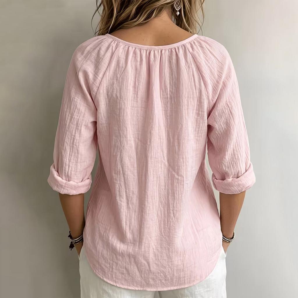 T-shirt décontracté à col en V et manches longues pour femme - Coupe ample - Pull - Haut de couleur