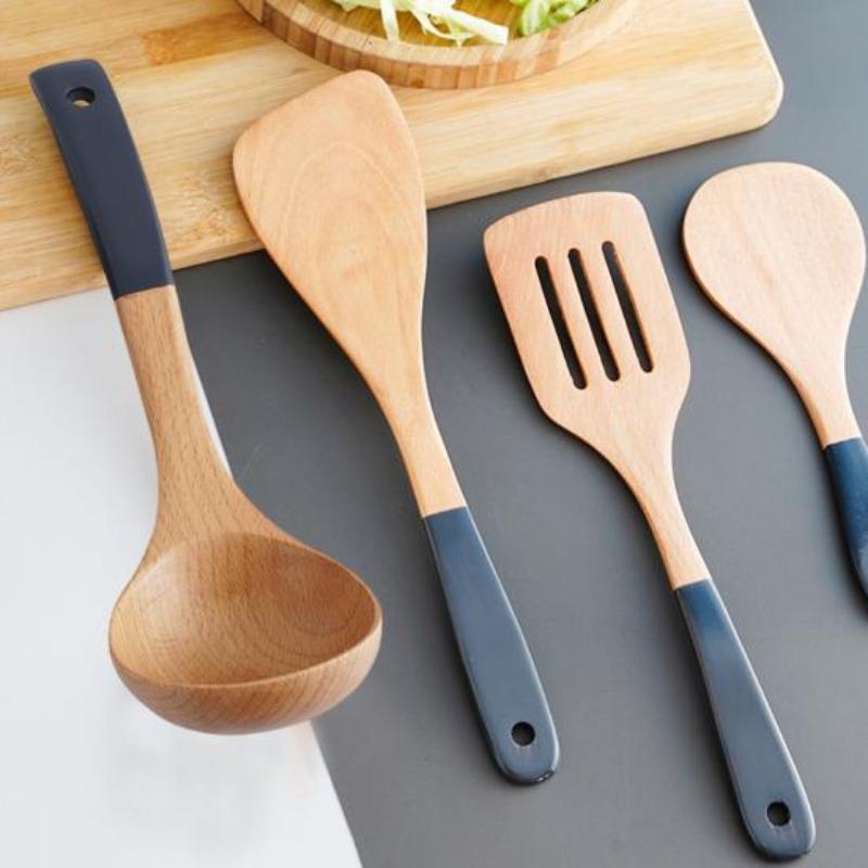 Wooden Spatula Soup Spoon with Ergonomic Handle Non-Slip Heat-Resistant Stir-Fry Pan Spatula Rice Spoon