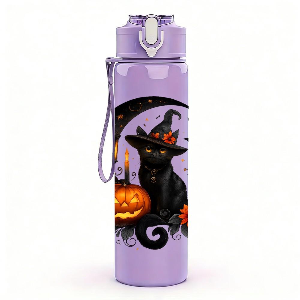 1PC Moon Black Cat Pumpkin Halloween 750ml Color Plastic Sports Water Bottle Leakproof Flip Straw Lid Suitable for Sports Office Home Use