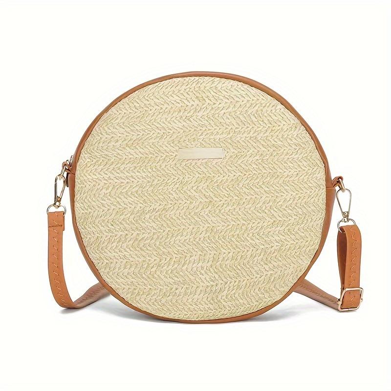 Lightweight Woven PU Contrast Color Round Crossbody Bag with Adjustable Detachable Strap - Large Capacity Zipper Closure for Beach, Commuting