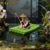 Realistic Fisherman Figurine Auto-Floating Miniature Aquarium Decor Resin Handmade Fishing Ornament Garden Decoration