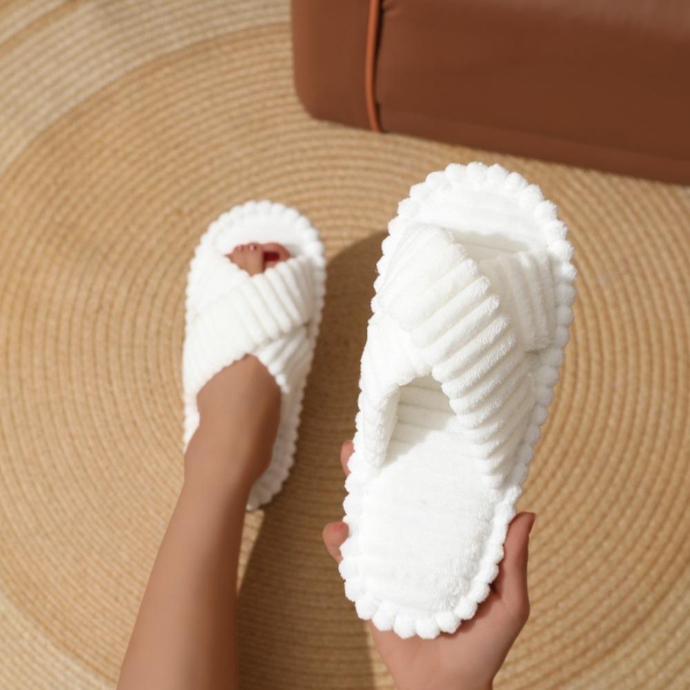 Women's Home Slippers Winter Plush Cross Strapped Cotton Slippers Women's Home Skin Friendly Plush Slippers Women Flat Bottom