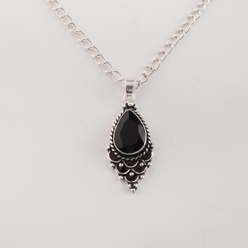 Black Onyx Gemstone 925 Sterling Silver Handcrafted Pendant 1.5" For Anniversary Gift PP-70-20