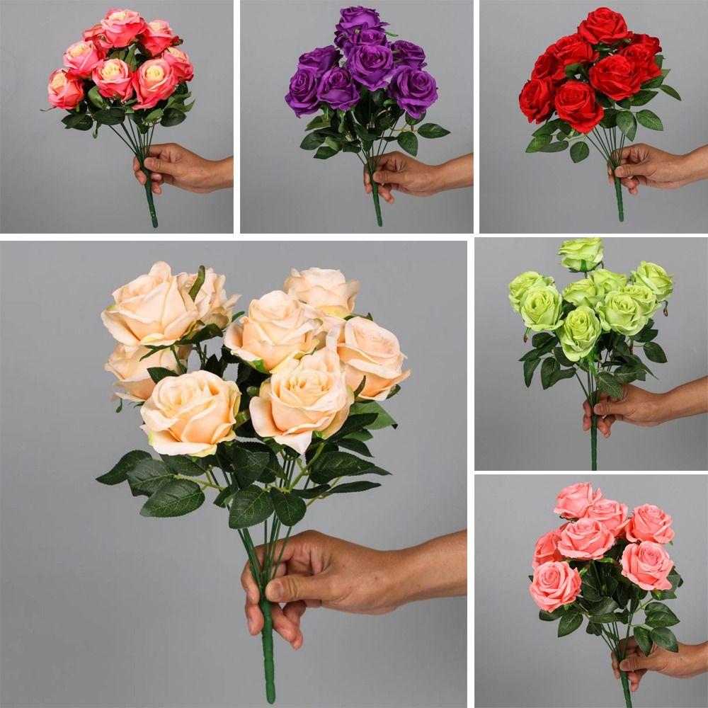 

Silk Flower DIY Silk Flower 9 Heads Rose Fake Flowers 9 Heads Artificial Rose Big Bouquet