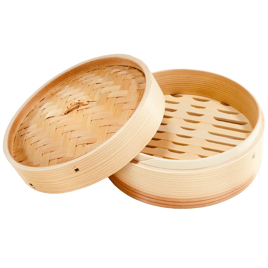 Cedar Chinese Steamer, 18cm, with Lid, 2-Tier Set, for Home and Commercial Use, Natural Wood