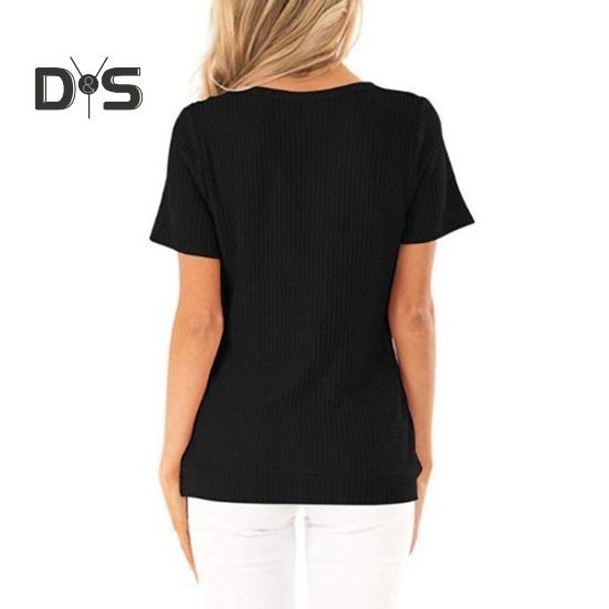 Damen-Oberteile, kurzärmelig, V-Ausschnitt, plissierter Saum, einfarbig, drapiertes T-Shirt mit seitlichen Knöpfen, für den Alltag
