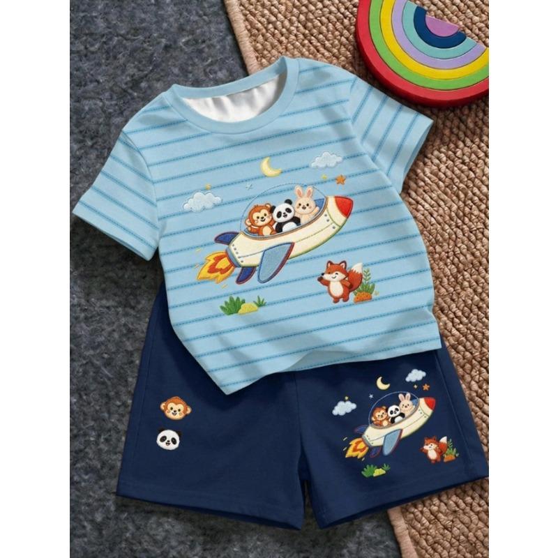 Jungen Freizeit Minimalistisches T-Shirt Set Geeignet Für Den Sommer Mit Cartoon Muster