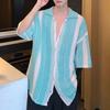 Summer Men Shirt Knitted Color Matching Lapel Elastic Japanese Style Single-breasted Short Sleeves Retro Antu-shrink Casual Vacation Beach Top