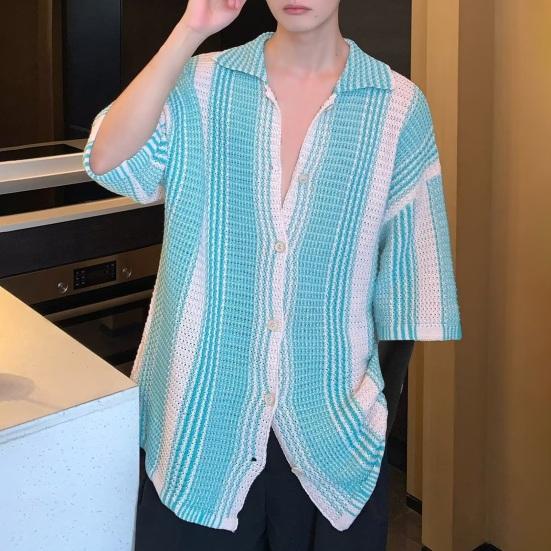 Summer Men Shirt Knitted Color Matching Lapel Elastic Japanese Style Single-breasted Short Sleeves Retro Antu-shrink Casual Vacation Beach Top