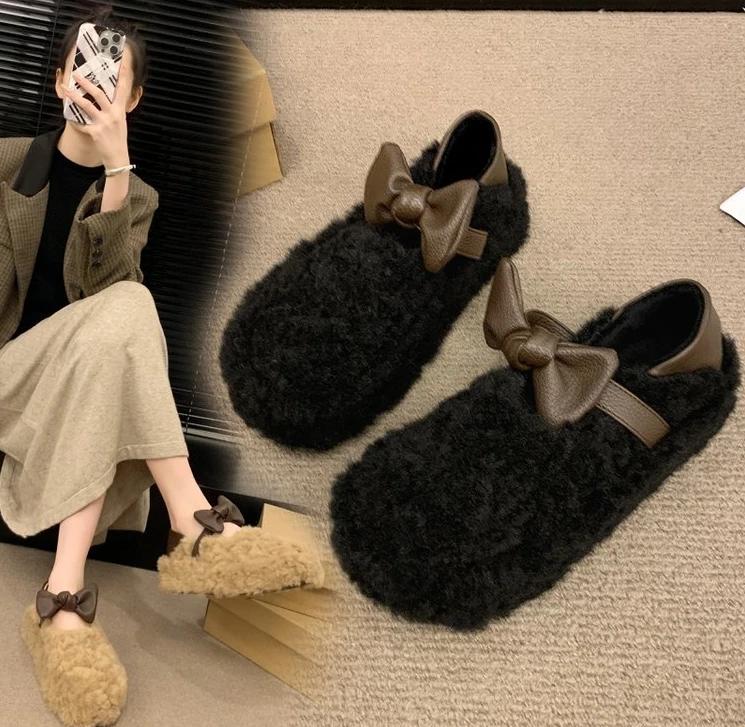 Fashion Luxury Sheep Fur Lined Loafers Women Lambswool Shoes Ladies Winter Slip On Furry Flats Cotton Wool Mocasine Femme Barefoot Boots