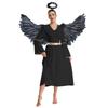 Womens Angel Cosplay Costume Long Sleeve Gold Trim Angel Dress Gown Feather Wings Headwear Set