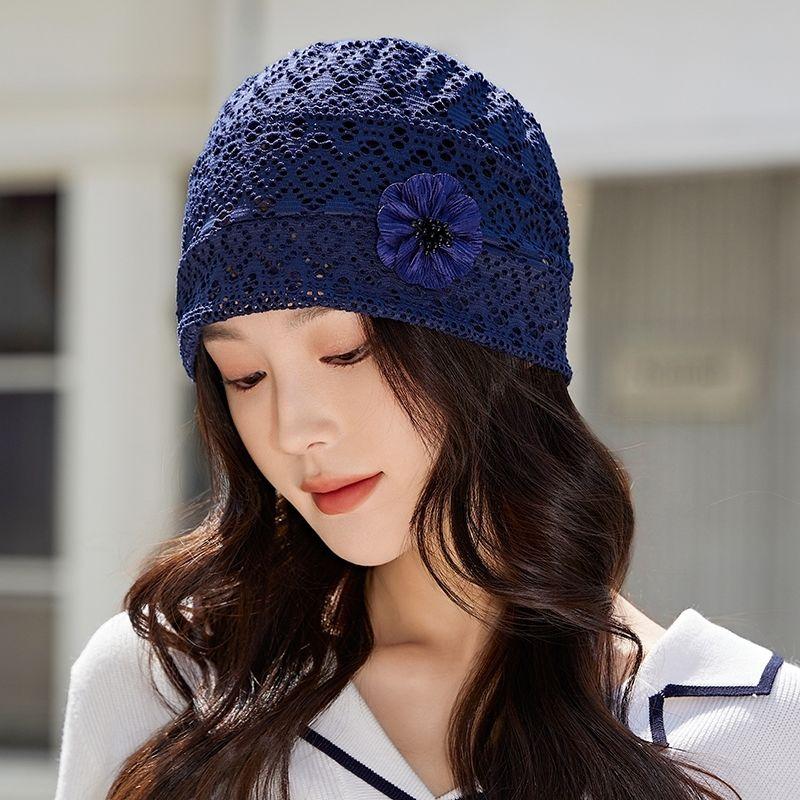 Sommer Hohl Turban Atmungsaktiv Spitze Dünn Mode Zum Überziehen Hut Damen Blume Einlagig Netz Koreanischer Stil