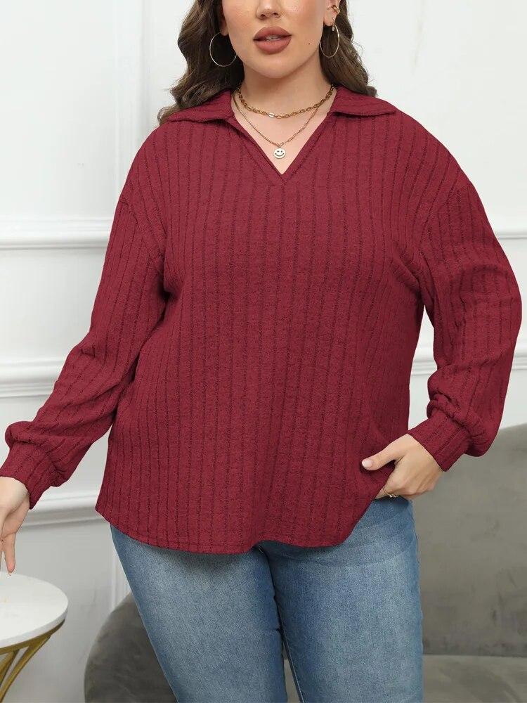 

Плюс Размер Воротник Поло Футболка С Длинным Рукавом Женская Мода Однотонная Повседневная Трикотажная Уличная Одежда Топы Женские Повседневные Офисные Леди Дизайн Винтажная Одежда 2024 3XL красный