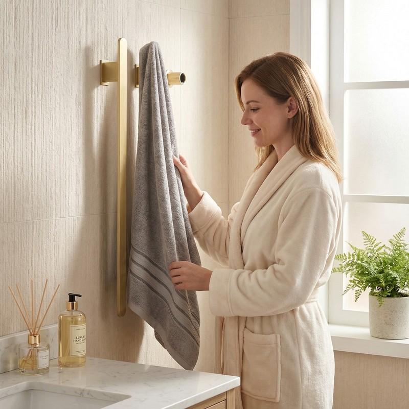 Gold Vertical Heated Towel Rail for Large Towels & Bathrobes, Hidden Wiring Bathroom Towel Rack with Temp & Time Control