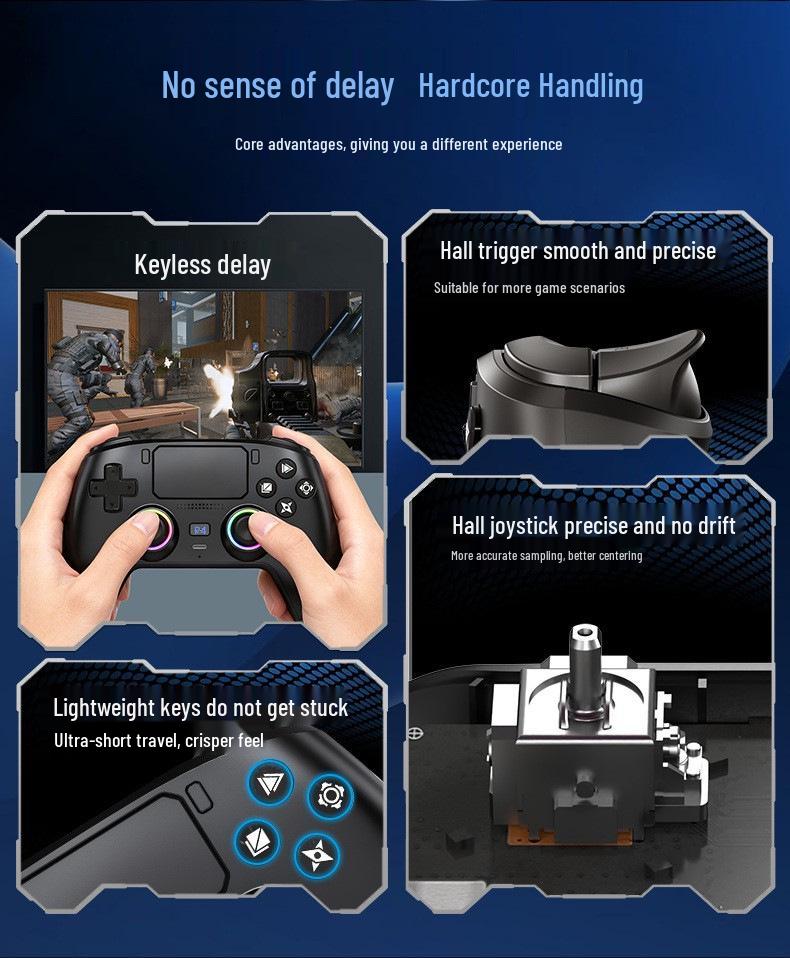 PS4 Wireless Bluetooth Game Controller with Hall Effect Triggers, Magnetic Faceplate, RGB Lights, Dual Vibration, and Six-Axis Gyroscope.