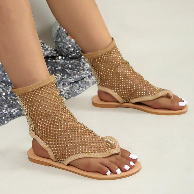 2024 Spring/Summer Women's Plus Size Rhinestone Mesh Toe-Post Sandals