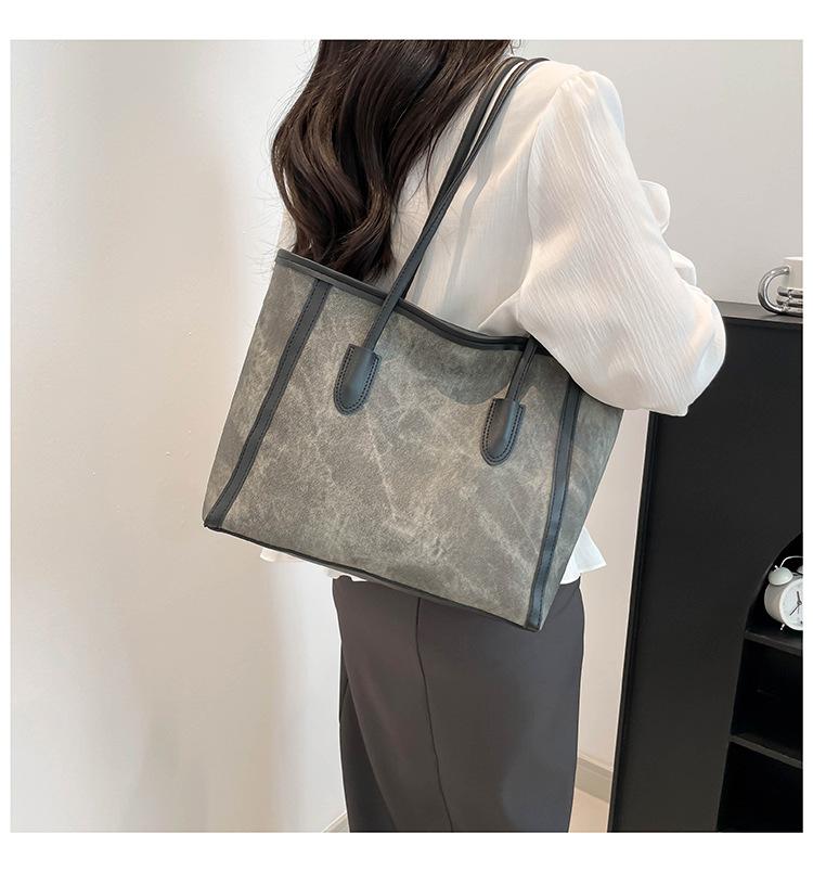 Minimalist Casual Women Tote Bag with Brown Trim Plush Keychain Accent Roomy Large Capacity Shoulder Bag for Everyday Styling