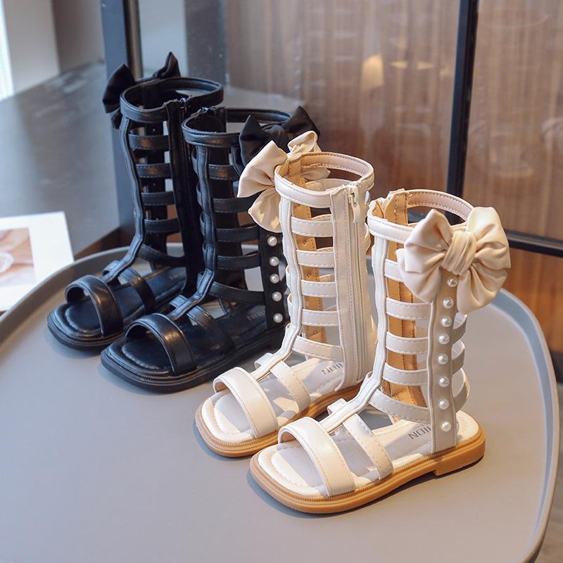 Sandales Romaines d'Été Montantes pour Filles, Enfants Moyens et Grands, Couleur Unie, Fermeture Éclair Latérale, Chaussures de Princesse