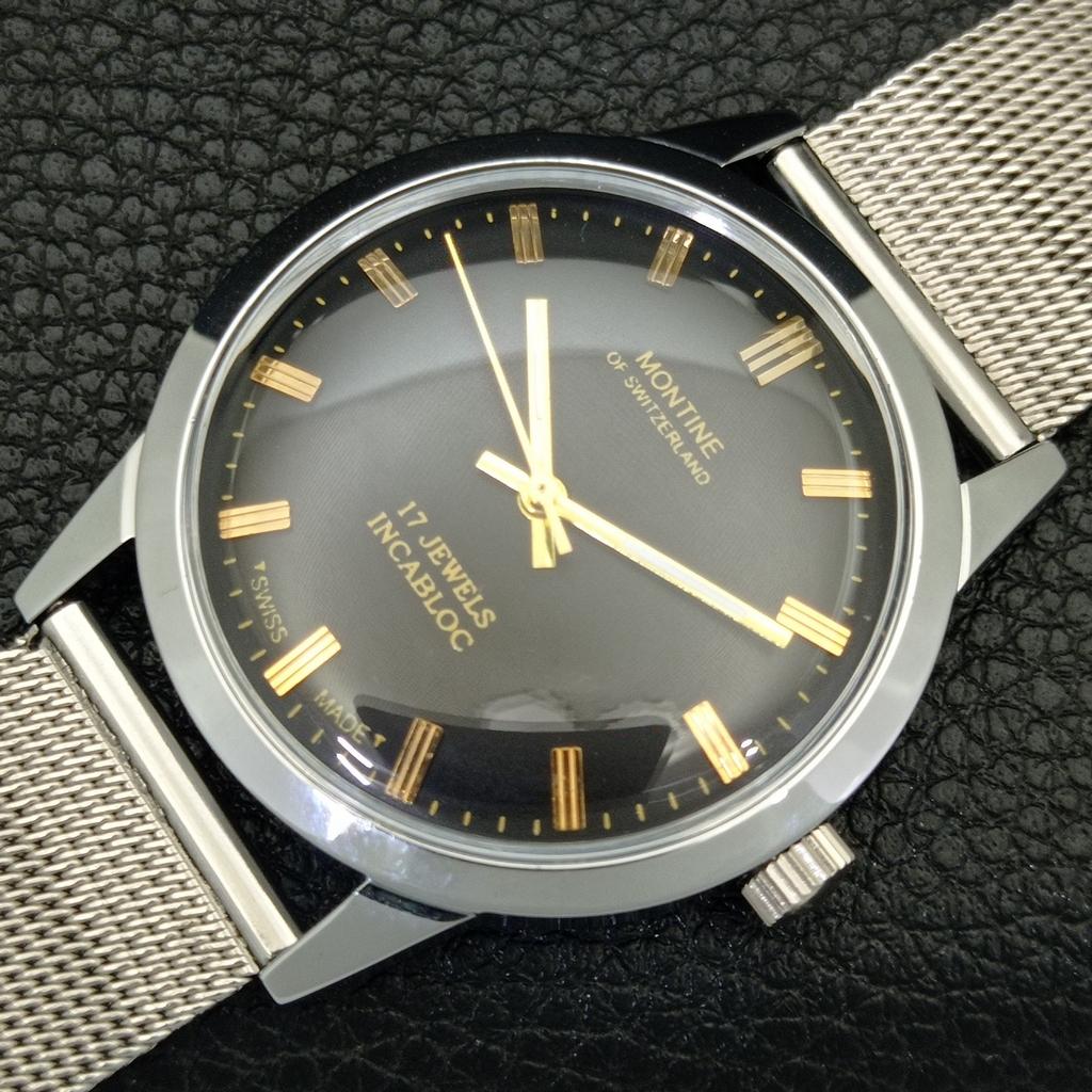 SZWAJCARSKI VINTAGE MONTINE RĘCZNY MĘSKI ODNOWIONY ZEGAREK CZARNA TARCZA a441069-1