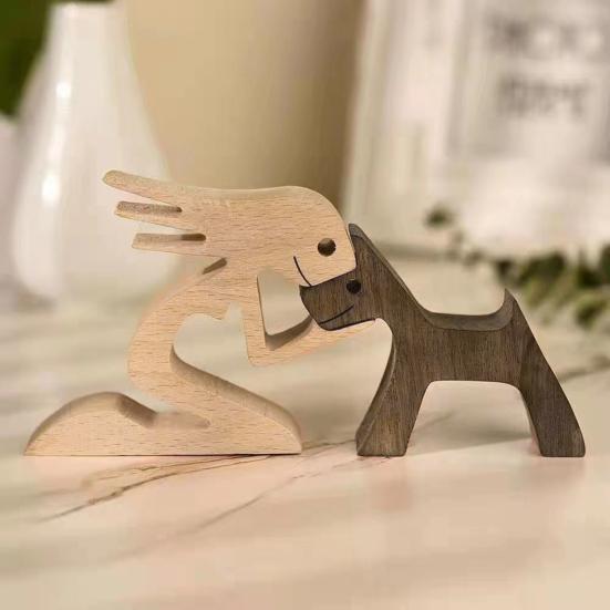 Yousheng Dog And Human Ornament Rustic Wooden Boy And Dog Decoration Minimalist Puppy Family Figurine Gift for Dog Lovers Home Desktop Decor