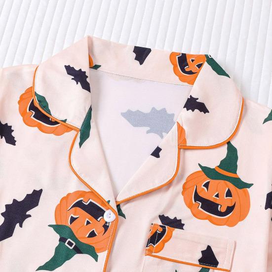 Damen Halloween Pyjama Set Knopfleiste 2-teiliges Pjs Shorts Set Kürbisdruck Kurzarm Nachtwäsche Sets